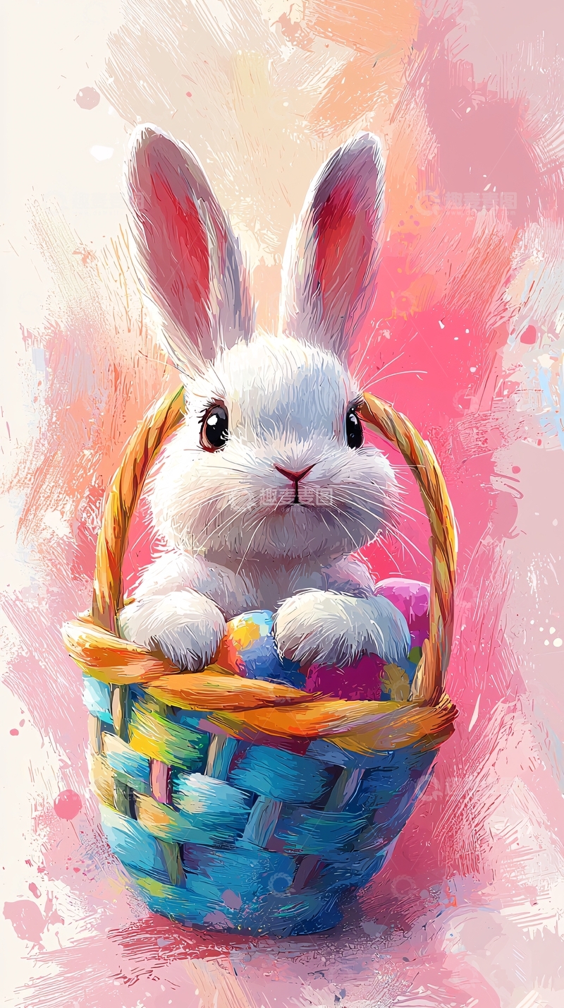 高清大图下载【趣麦麦图】篮子里的可爱复活节兔子