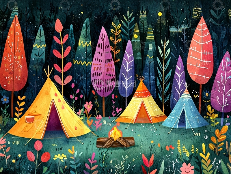 高清大图下载【趣麦麦图】夜晚森林营地
