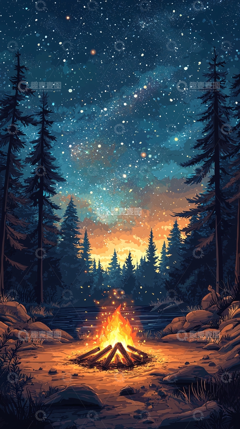 高清大图下载【趣麦麦图】篝火夜空下的宁静森林