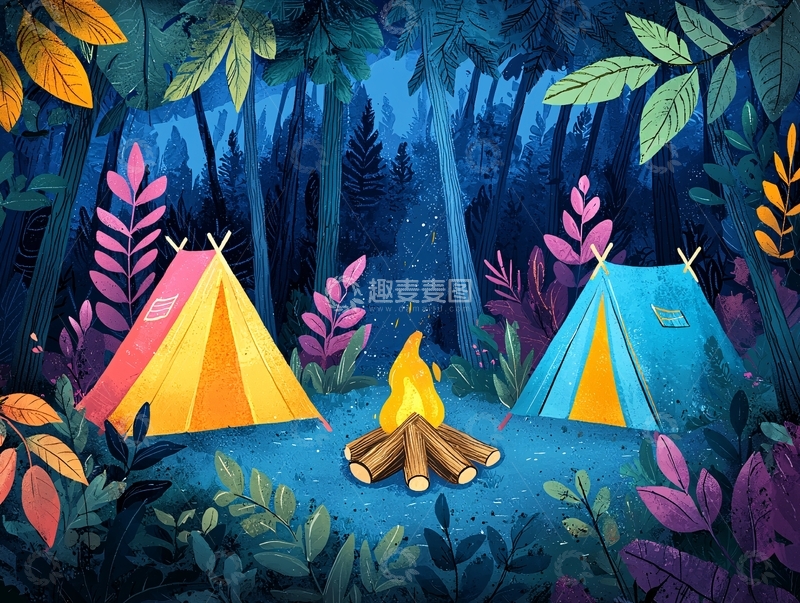 高清大图下载【趣麦麦图】夜晚森林露营