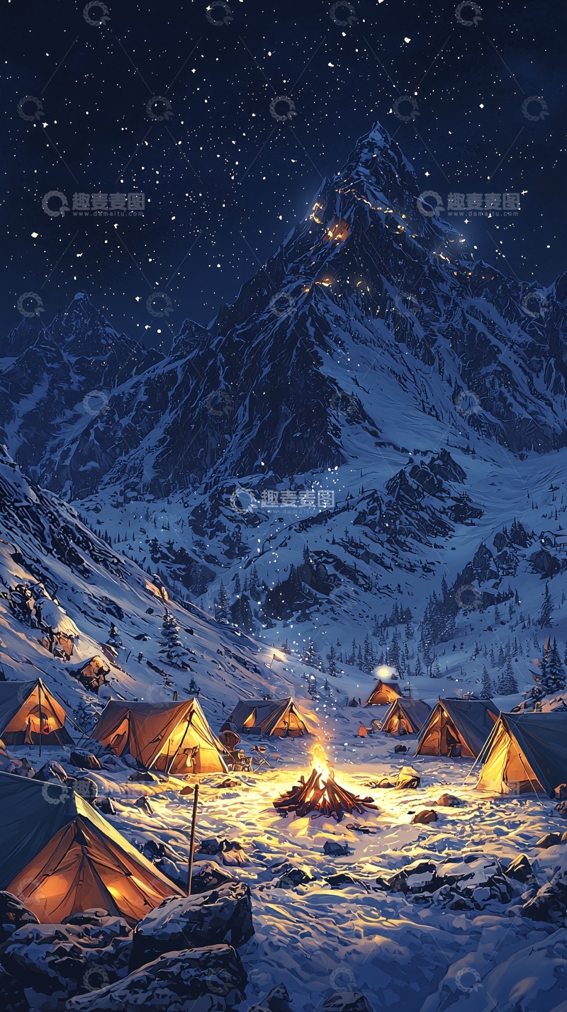 高清大图下载【趣麦麦图】雪山星空下的露营地
