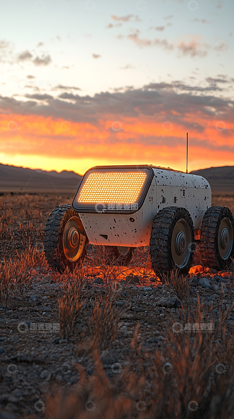 高清大图下载【趣麦麦图】日落沙漠中一辆白色探测机器人