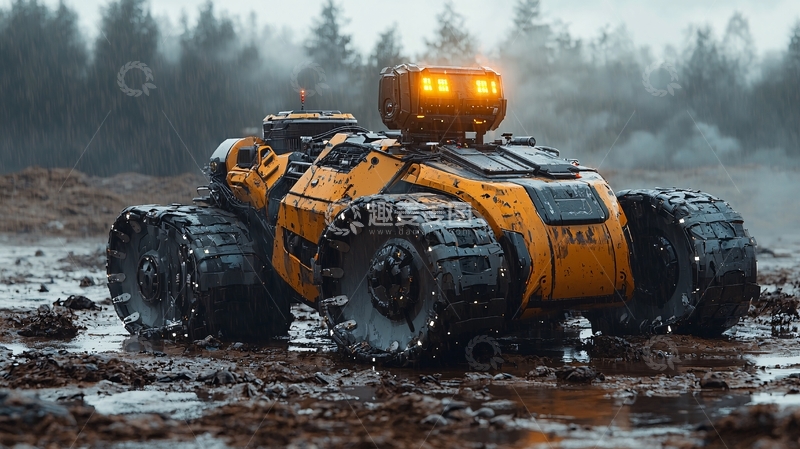 高清大图下载【趣麦麦图】泥地里黄色履带机器人