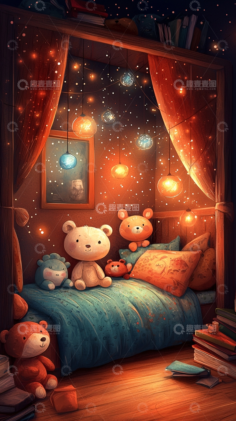 高清大图下载【趣麦麦图】温暖童话风小熊床边故事