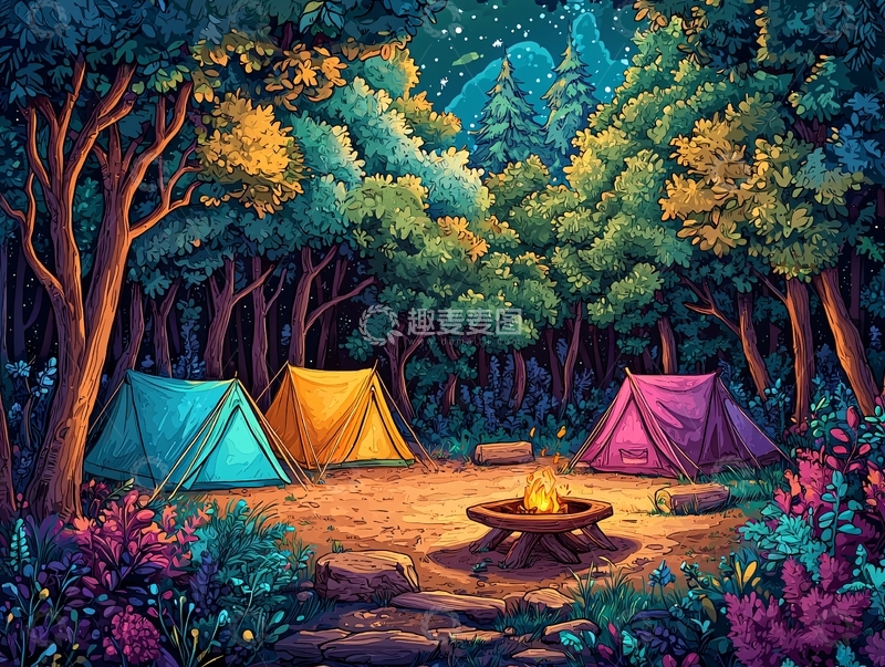 高清大图下载【趣麦麦图】森林里的露营地