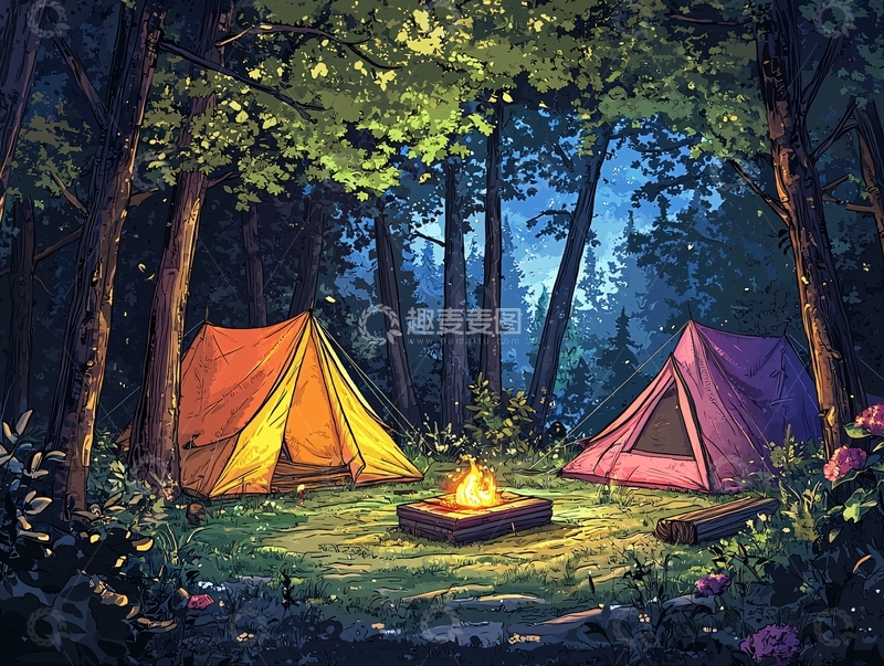 高清大图下载【趣麦麦图】森林中的露营地