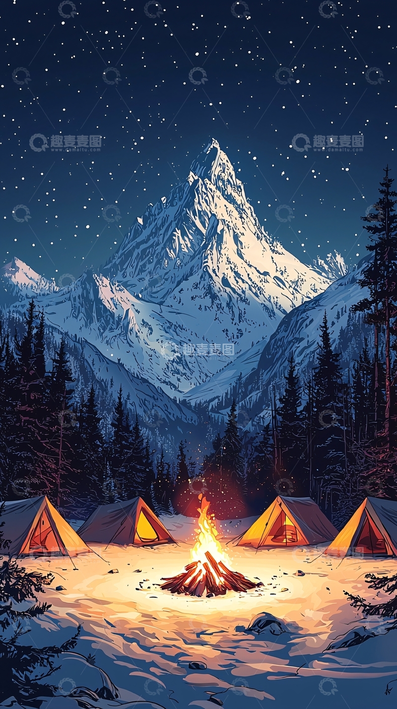 高清大图下载【趣麦麦图】雪山下的营地篝火夜景