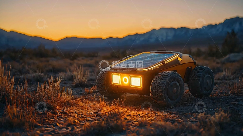 高清大图下载【趣麦麦图】黄昏沙漠中四轮驱动机器人