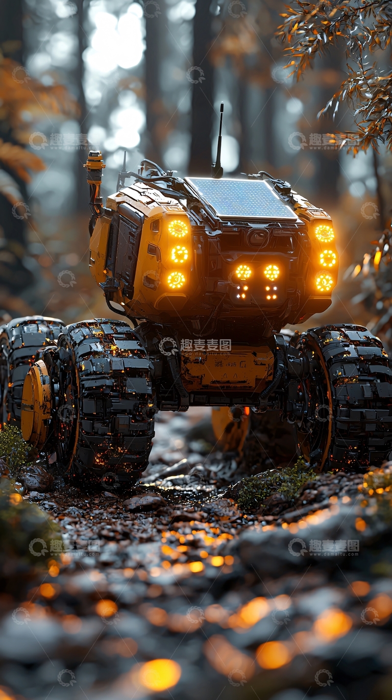 高清大图下载【趣麦麦图】森林中黄色探测机器人