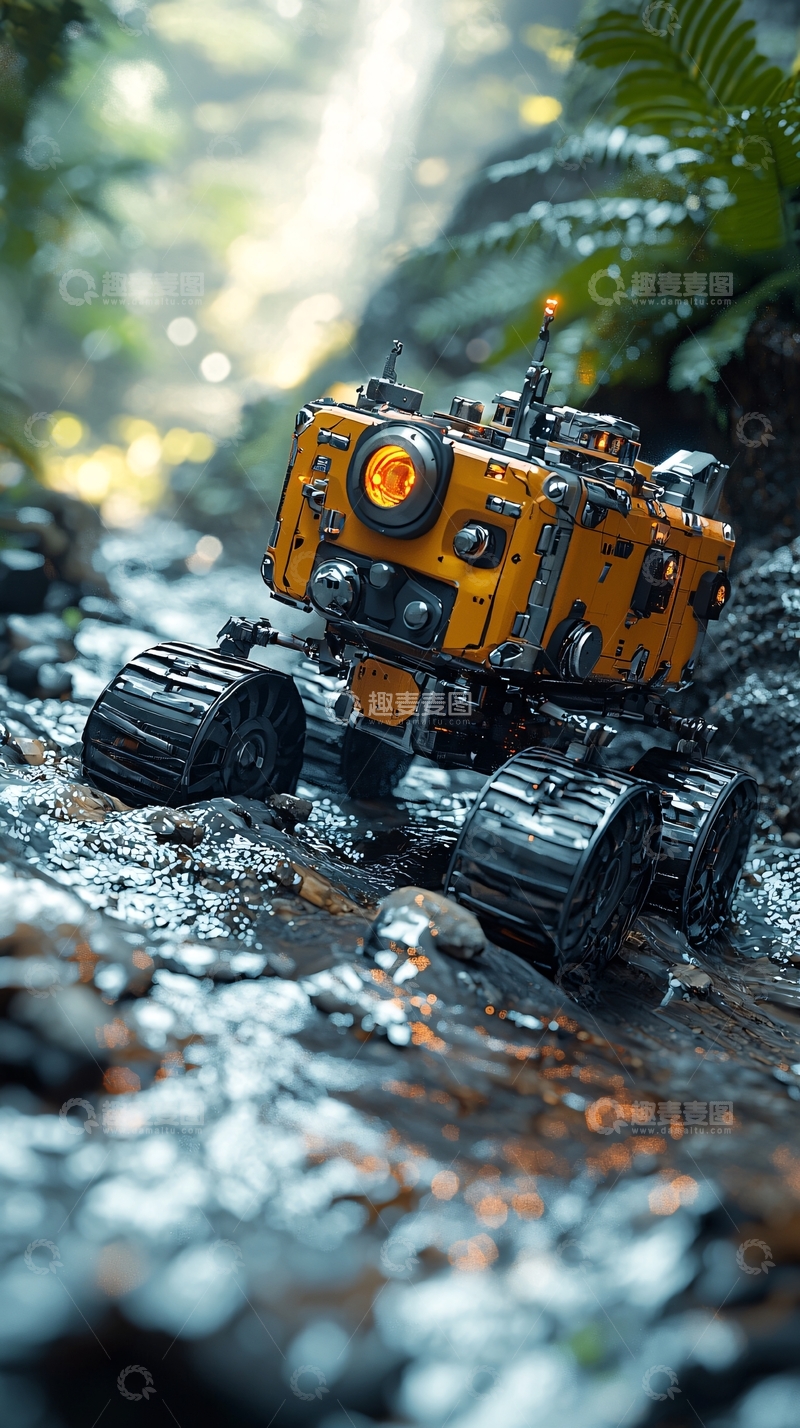 高清大图下载【趣麦麦图】森林中黄色探测机器人