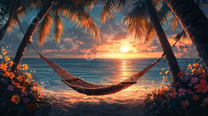 高清大图下载【趣麦麦图】海滩落日秋千