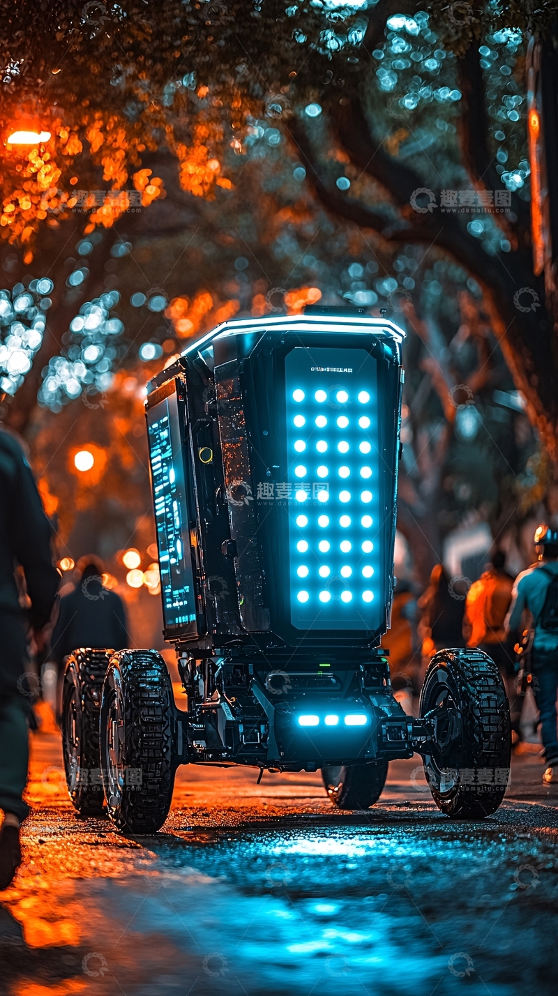 高清大图下载【趣麦麦图】夜间街道自动驾驶送货机器人
