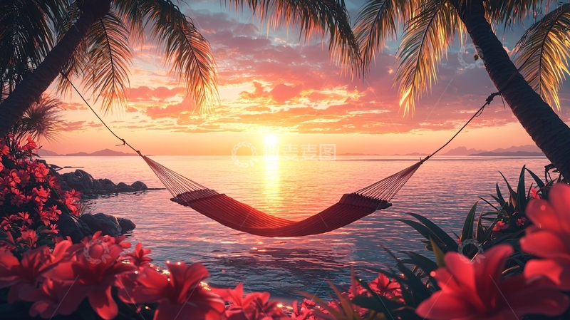高清大图下载【趣麦麦图】海边吊床日落美景