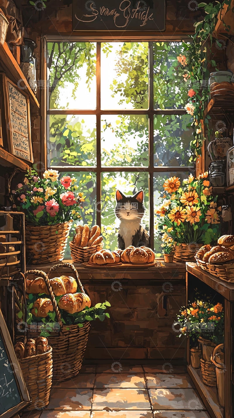 高清大图下载【趣麦麦图】猫在面包店窗户前