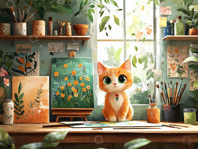高清大图下载【趣麦麦图】猫咪在画室