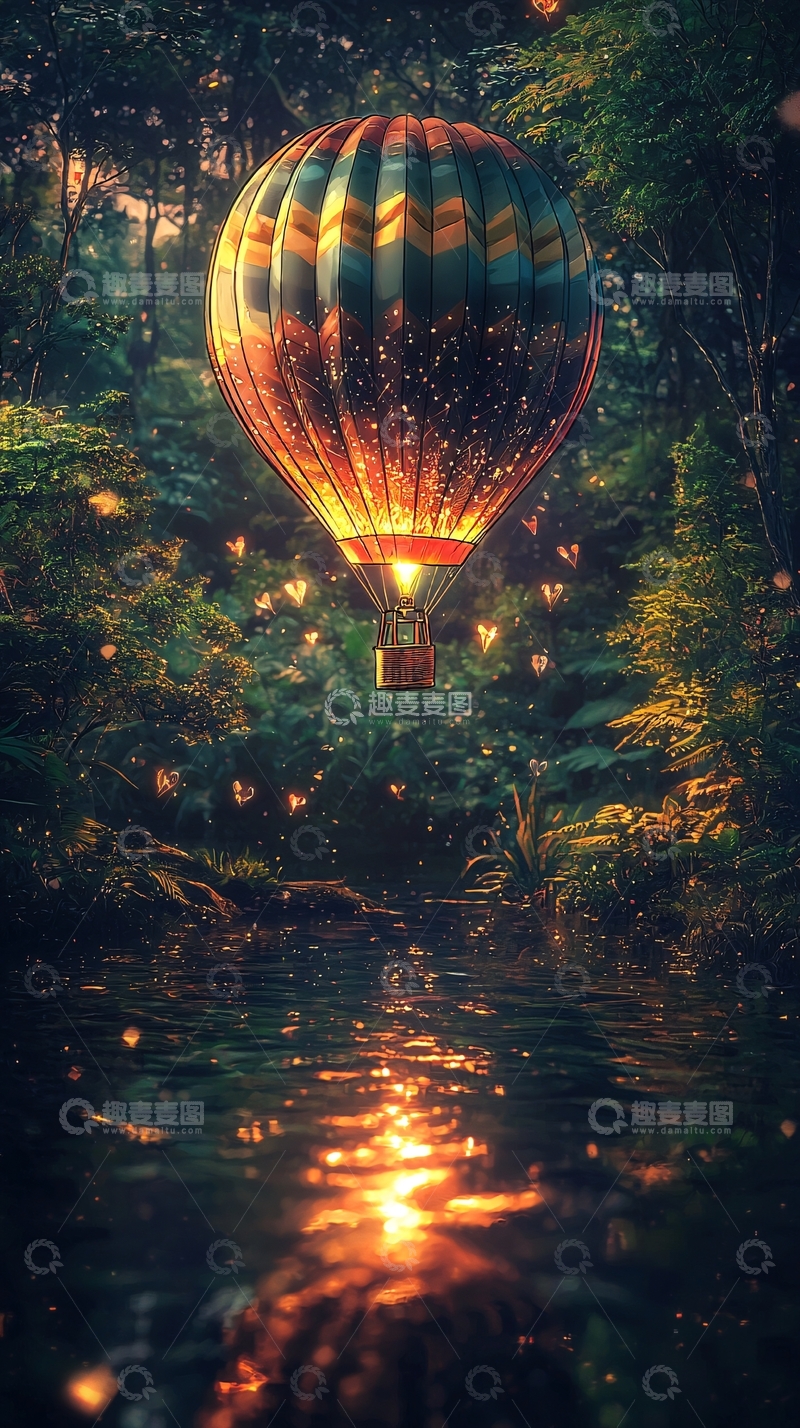高清大图下载【趣麦麦图】森林里的热气球奇幻夜