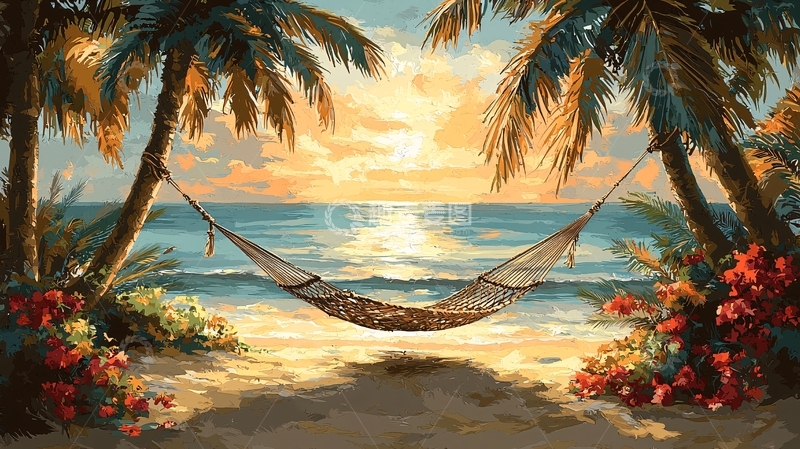 高清大图下载【趣麦麦图】海滩吊床椰树日落美景