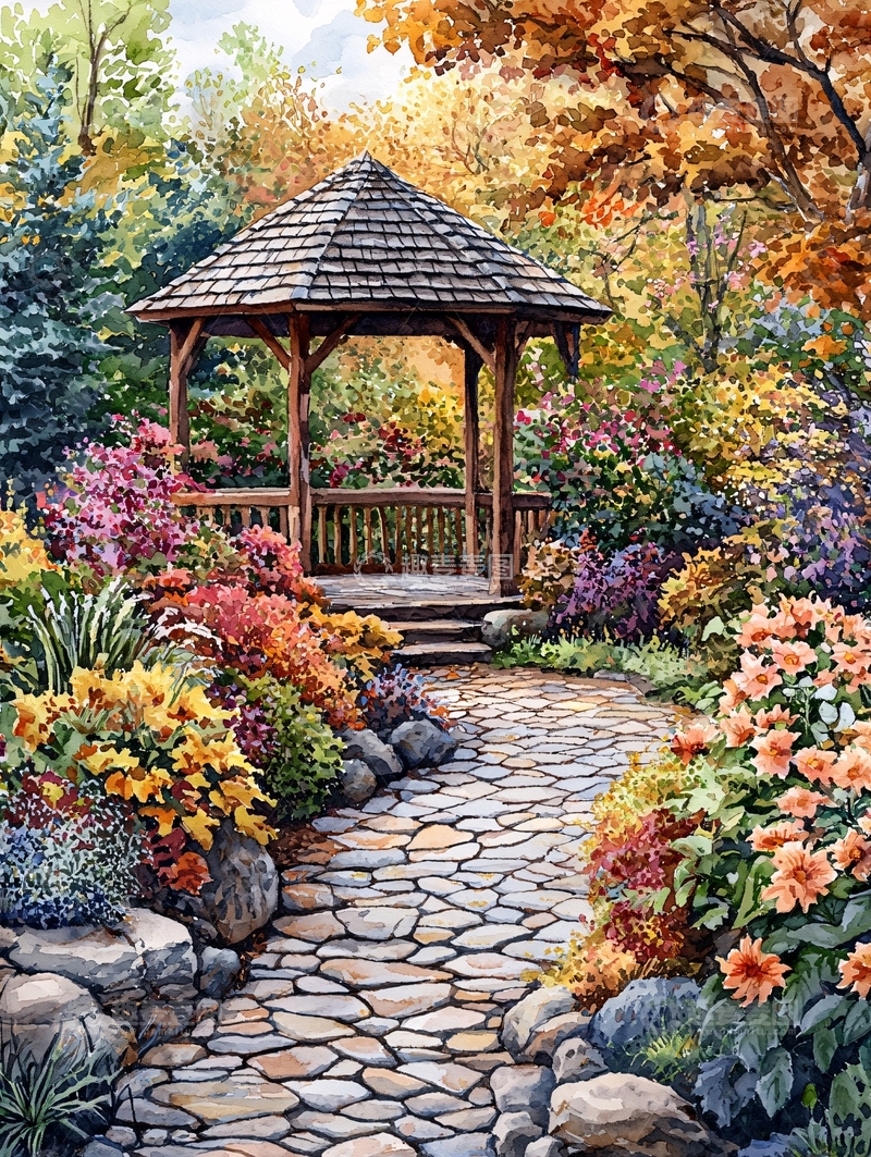 高清大图下载【趣麦麦图】秋日花园凉亭小径