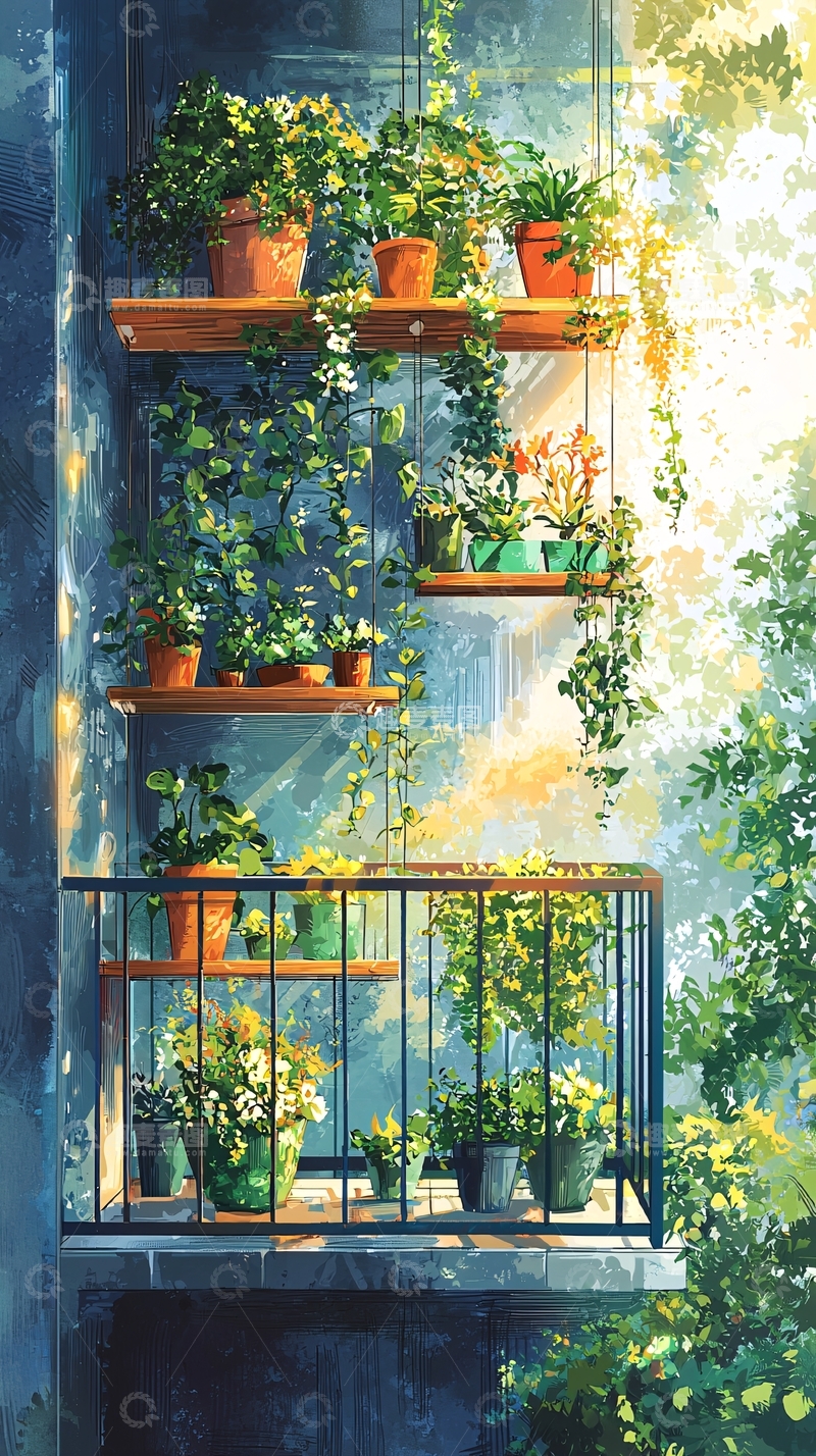 高清大图下载【趣麦麦图】阳台上的绿色植物绘画