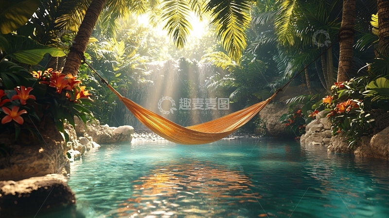 高清大图下载【趣麦麦图】热带雨林吊床清澈溪流