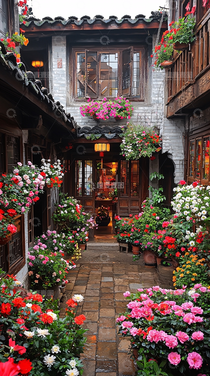 高清大图下载【趣麦麦图】庭院花卉中式建筑