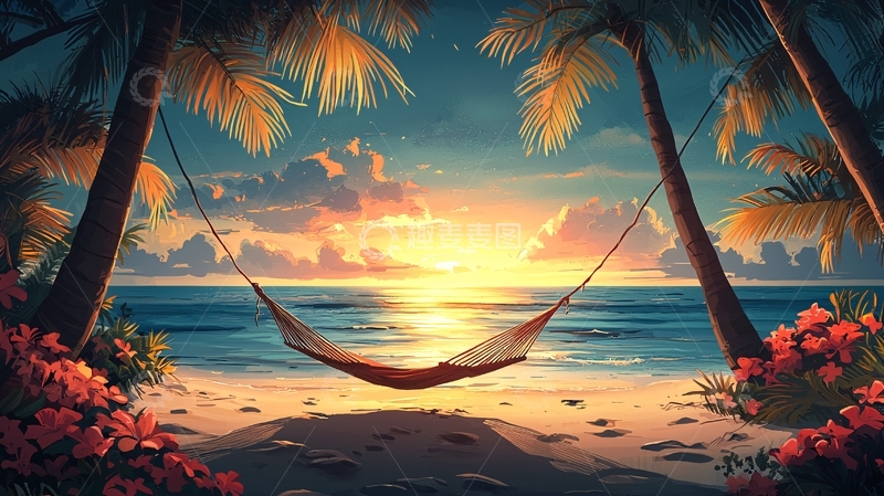 高清大图下载【趣麦麦图】海滩落日秋千
