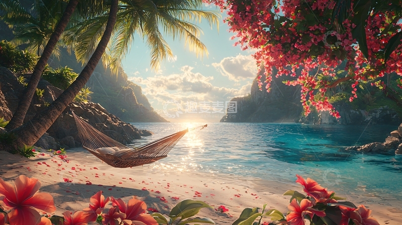 高清大图下载【趣麦麦图】热带海滩吊床日落