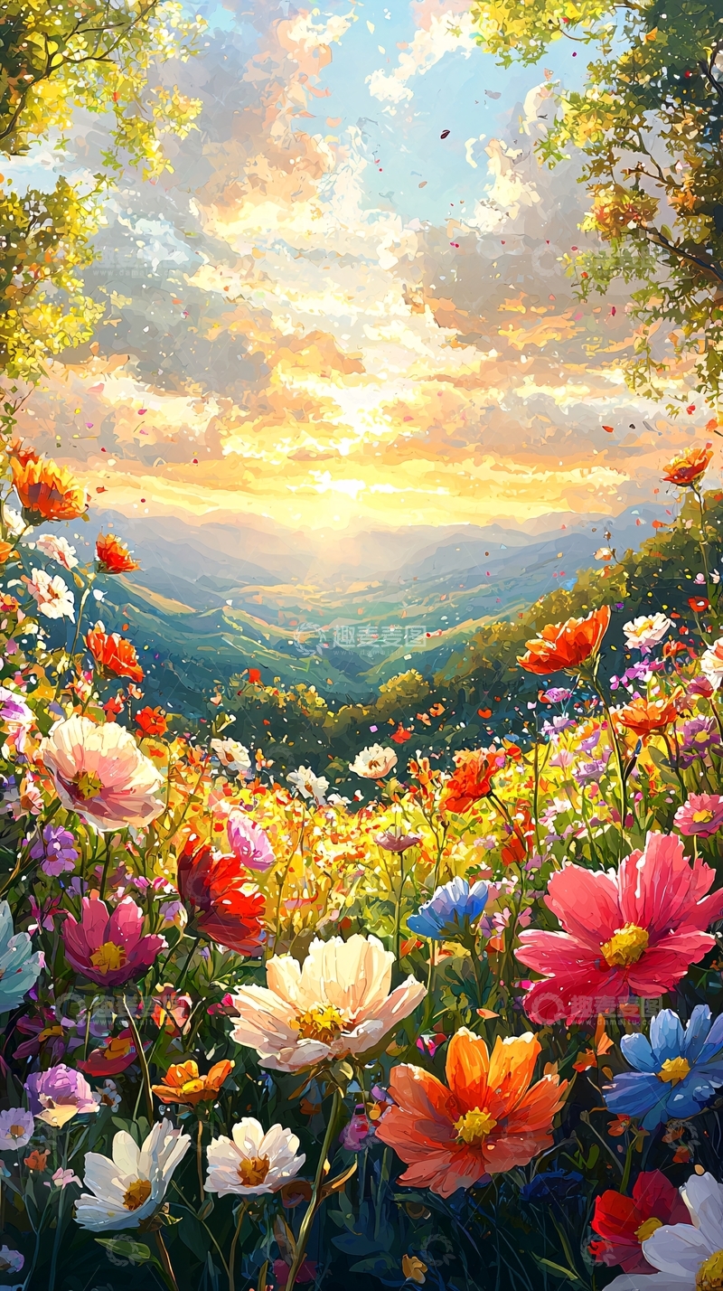 高清大图下载【趣麦麦图】梦幻花田日落