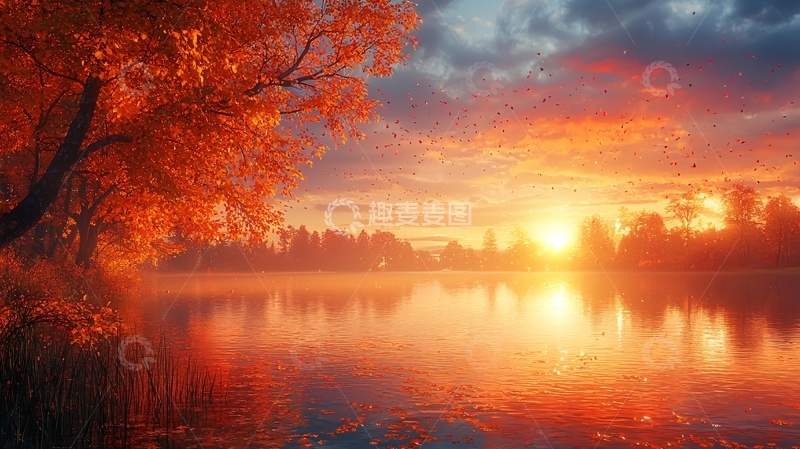 高清大图下载【趣麦麦图】秋日湖边红叶日落