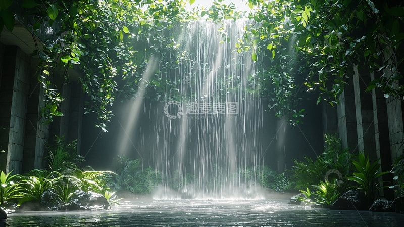 高清大图下载【趣麦麦图】阳光透过树林瀑布