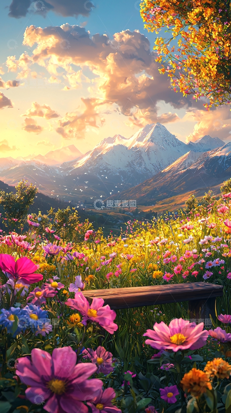 高清大图下载【趣麦麦图】山峦花海长椅日落