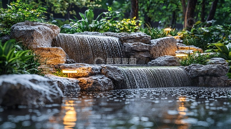 高清大图下载【趣麦麦图】夜晚人工瀑布流水景观