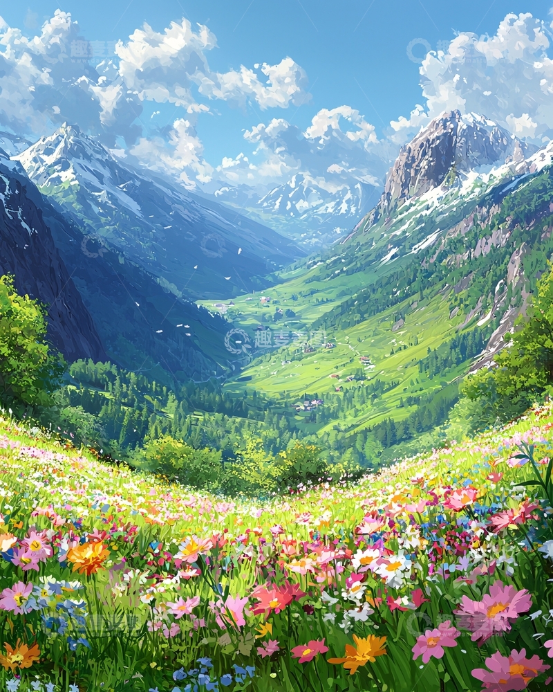 高清大图下载【趣麦麦图】阿尔卑斯山脉花海