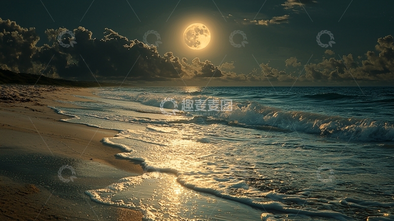 高清大图下载【趣麦麦图】夜晚海滩满月