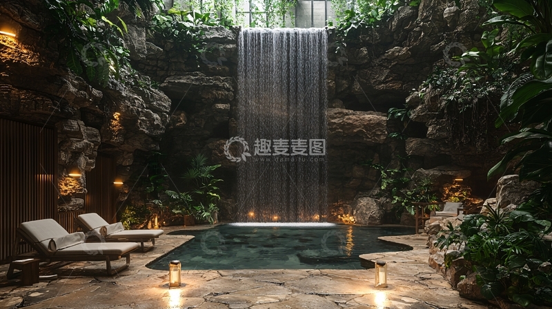 高清大图下载【趣麦麦图】室内瀑布泳池