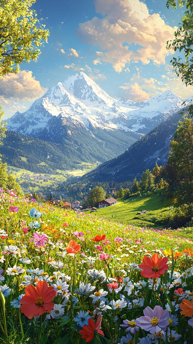 雪山下的鲜花草地