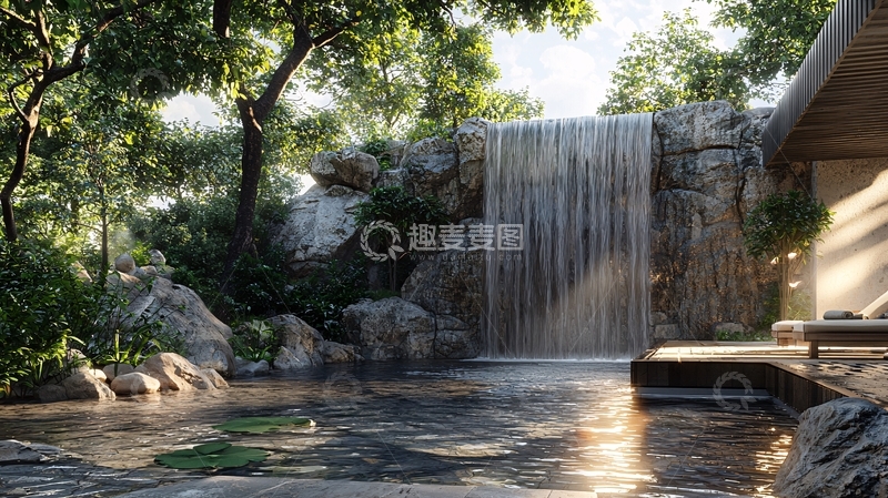 高清大图下载【趣麦麦图】阳光洒在瀑布和温泉上