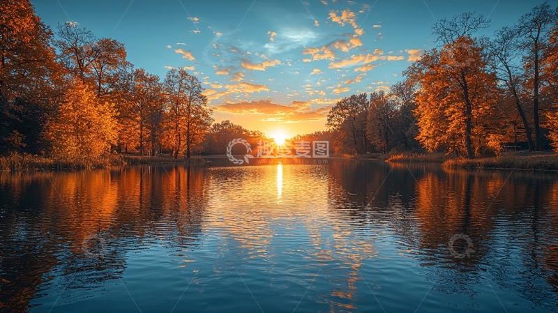 高清大图下载【趣麦麦图】秋日湖泊日落