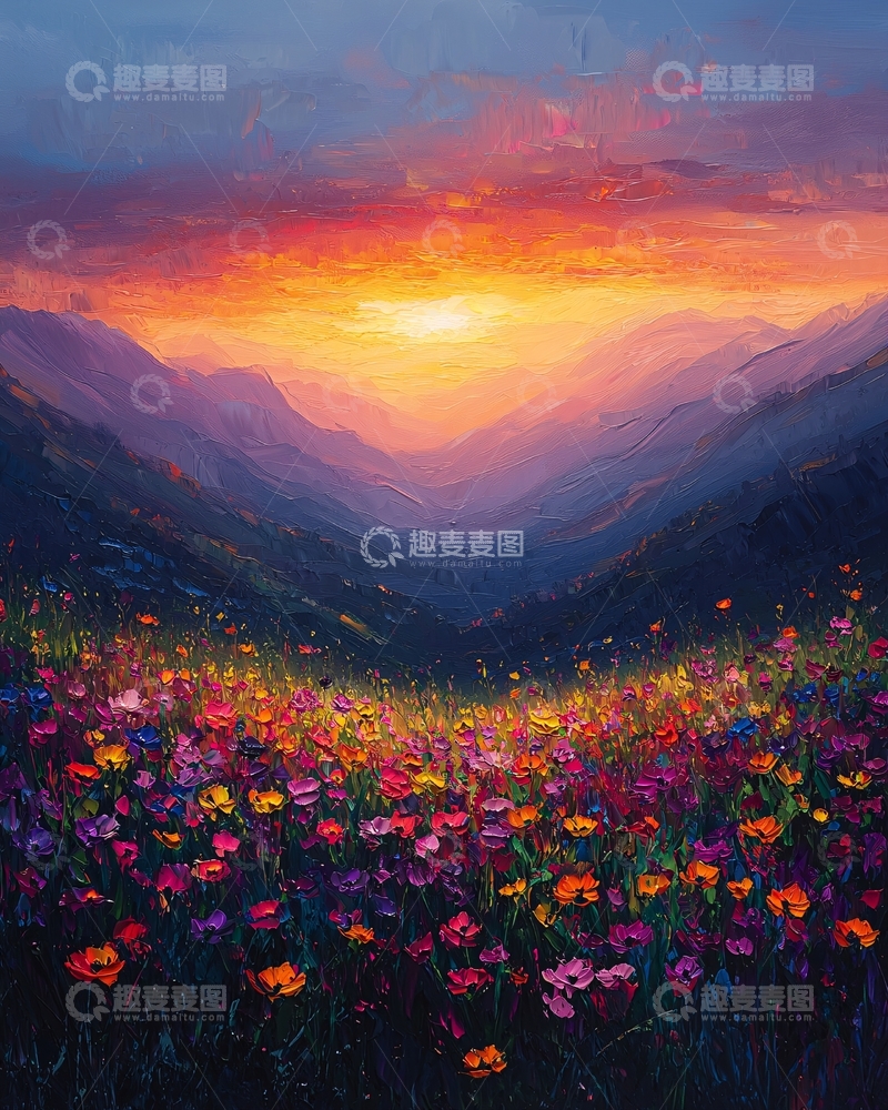 高清大图下载【趣麦麦图】山谷日落花海