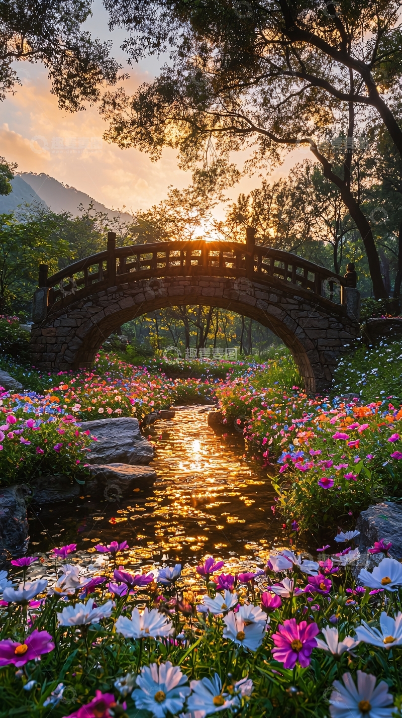 高清大图下载【趣麦麦图】石桥流水鲜花日出美景