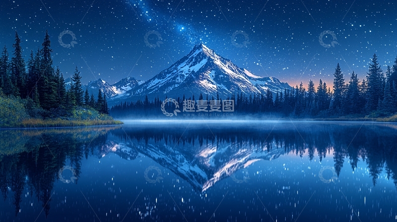 高清大图下载【趣麦麦图】星空下雪山湖泊倒影
