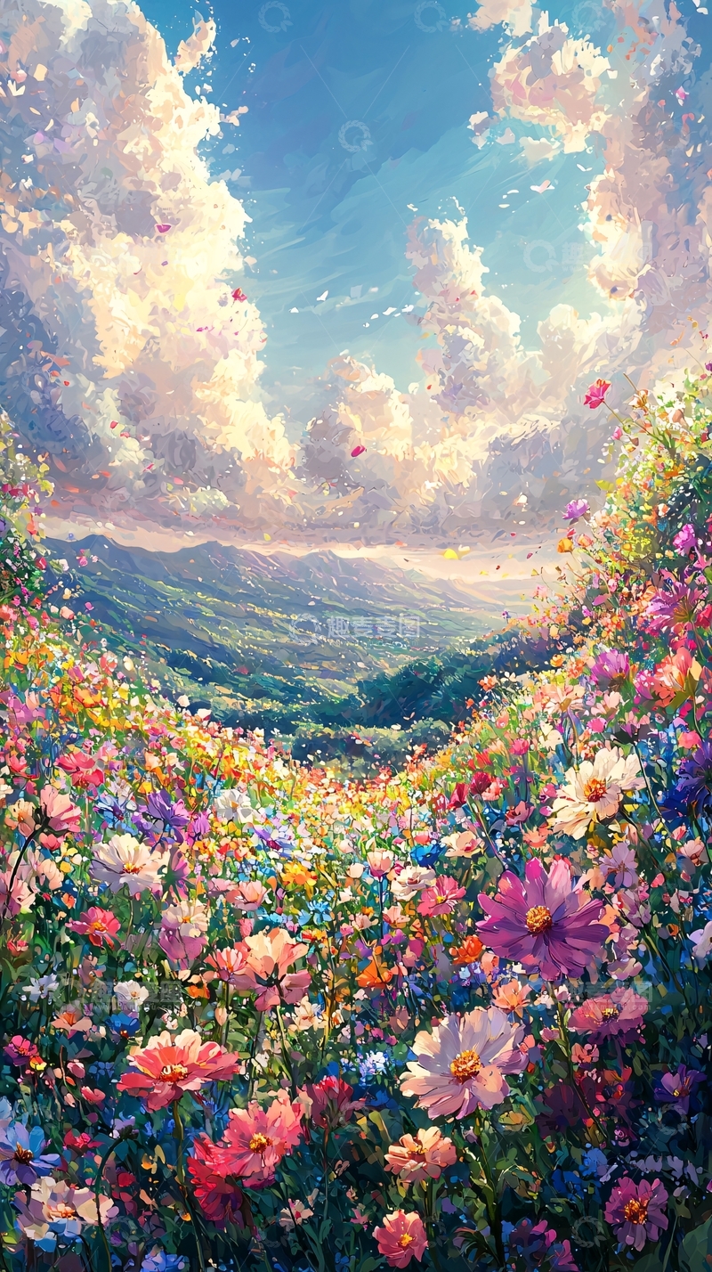 高清大图下载【趣麦麦图】梦幻花海山峦景色