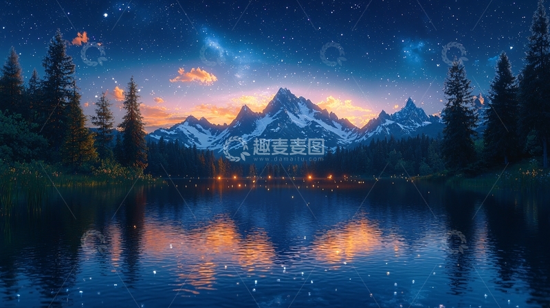 高清大图下载【趣麦麦图】星空下雪山湖泊倒影