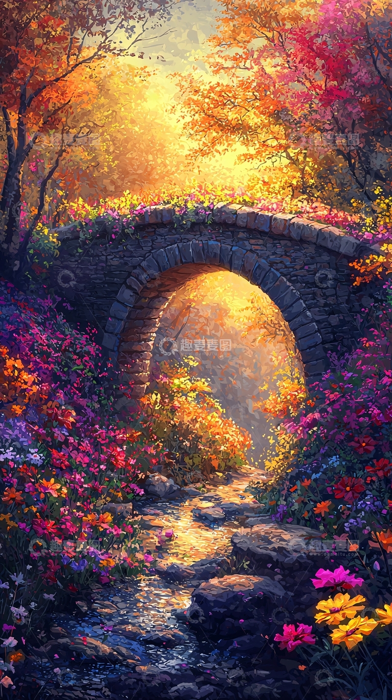 高清大图下载【趣麦麦图】秋日石桥花海小溪