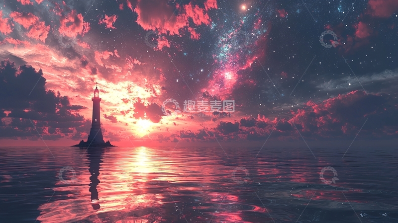 高清大图下载【趣麦麦图】梦幻星空下海边灯塔