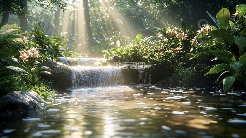 高清大图下载【趣麦麦图】阳光透过树林照射在溪流上