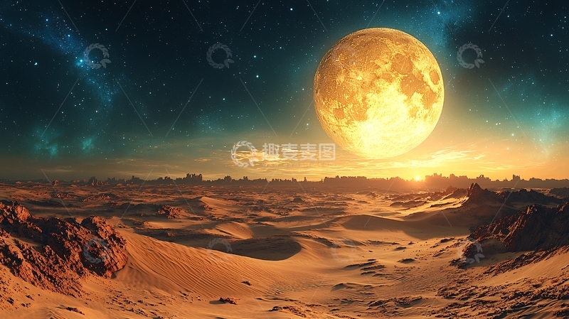 高清大图下载【趣麦麦图】超级月亮沙漠星球景观