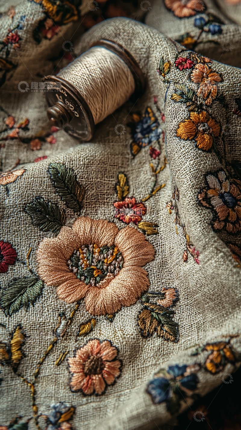 高清大图下载【趣麦麦图】复古风刺绣花纹布料和线轴