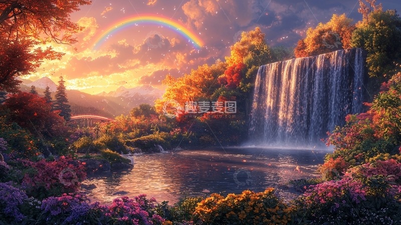高清大图下载【趣麦麦图】梦幻彩虹瀑布仙境