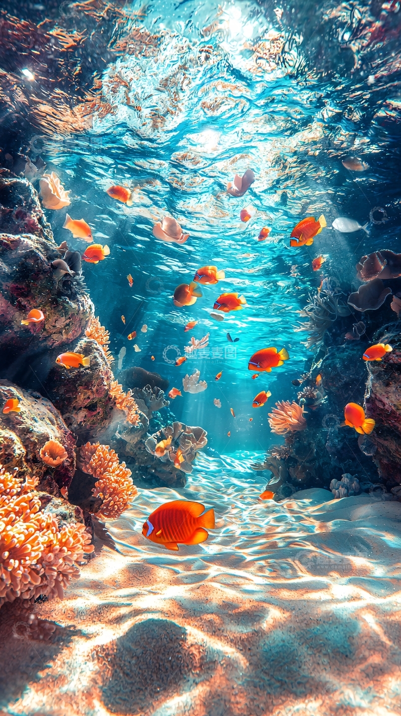 高清大图下载【趣麦麦图】阳光透过海水照射珊瑚礁